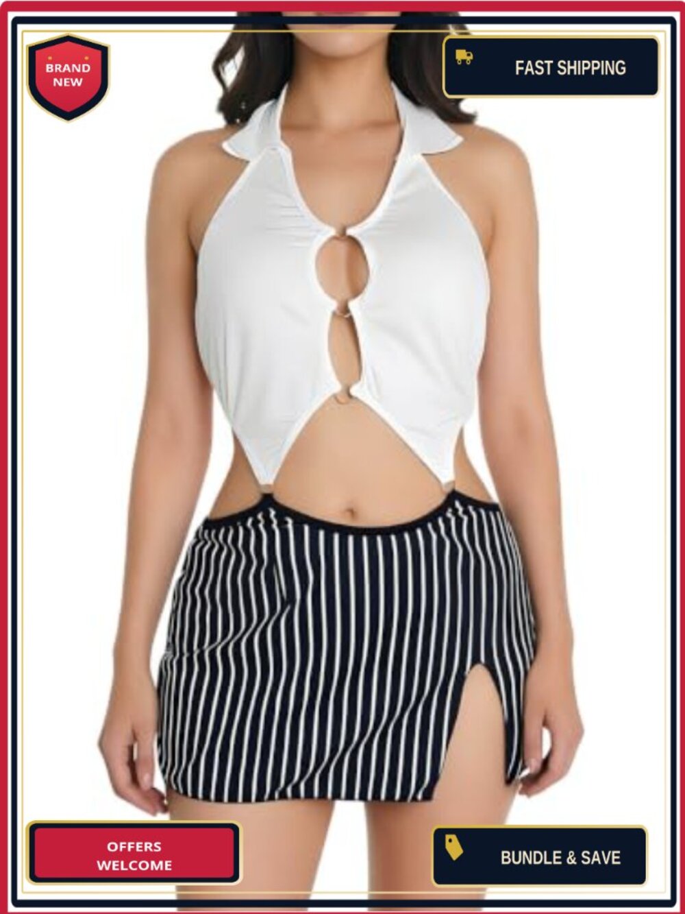Secretary Cosplay Lingerie Set Halter Top Striped Mini Skirt 2 Piece